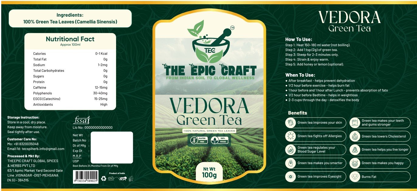 Vedora Green Tea by TheEpic Craft — 100% Natural Green Tea Leaves, Gluten Free, 100% Vegan, 100g Pack